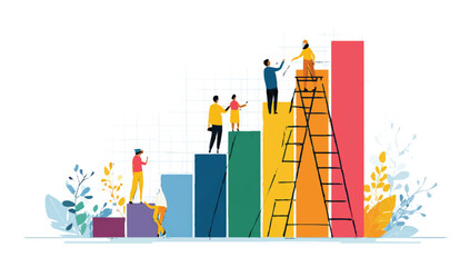 Business Growth Illustration with People Climbing Charts and Ladder Achieving Success and Improvement Vision