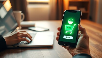 Person using smartphone with secure payment app and laptop for online shopping image photo