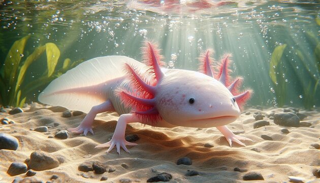 Adorable axolotl swimming underwater in a vibrant freshwater habitat with sunbeams and clear water