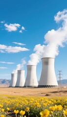 Power Plant Landscape with Yellow Flowers and Blue Sky