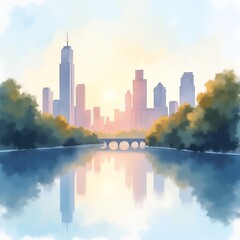 Fototapeta premium A serene cityscape at sunrise, showcasing a skyline reflected in a tranquil river, surrounded by lush greenery. Perfect for portraying urban beauty and peaceful moments in nature.