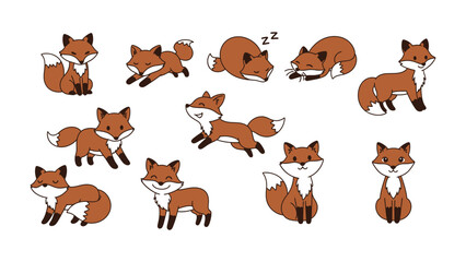 Fototapeta premium Playful Foxes: A collection of cartoon foxes in various poses, showcasing a range of cute and playful expressions against a clean, simple background.