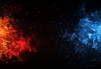 A dramatic visual representation of opposing forces, with vibrant orange fire on the left and cool blue energy on the right