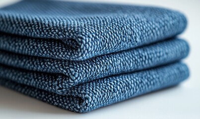 Stack of folded indigo blue textured towels.  Close-up