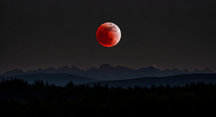 A serene lake reflects the bright full moon and starry sky, framed by dark, tree-covered hills under a twilight sky.