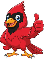 Cute red cardinal bird cartoon character giving thumbs up, cheerful and friendly expression, vector illustration for fun and positive designs
