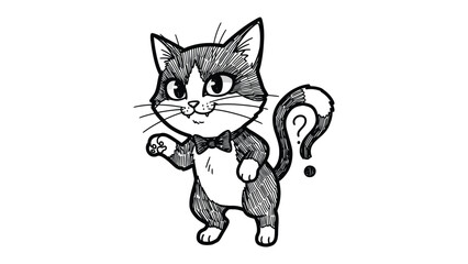 Curious Cat: A whimsical illustration of a tuxedo cat with a playful bow tie and a quizzical expression, suggesting a sense of curiosity and wonder.