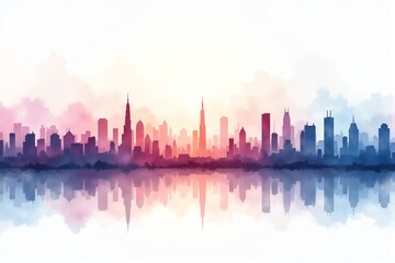 Obraz premium A stunning watercolor skyline at sunset, showcasing tranquil colors that blend into a peaceful river reflection. Ideal for projects related to cityscapes, art, and urban life.