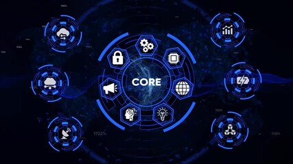 Futuristic core technology hub with interconnected digital icons representing data cloud security processor global network energy and innovation A I brain and communication systems in a dark blue - Powered by Adobe