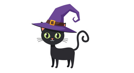 Cute Black Cat Wearing Witch Hat, Halloween Cartoon.