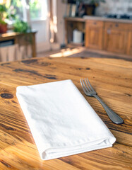 Fototapeta premium Table Setting: A meticulously arranged table setting, featuring a crisp folded napkin and a polished fork, ready for a fine dining experience in a cozy kitchen.