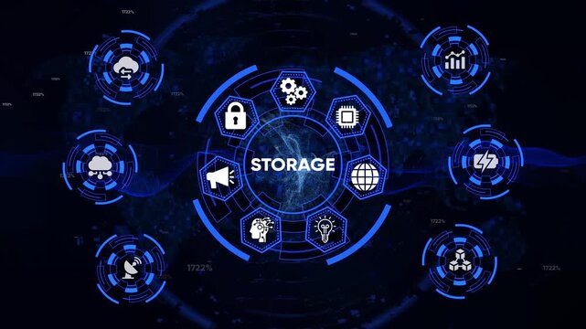 Futuristic digital storage network hub with cloud computing data analytics security and innovation icons on dark blue background with abstract digital wave patterns and data flow