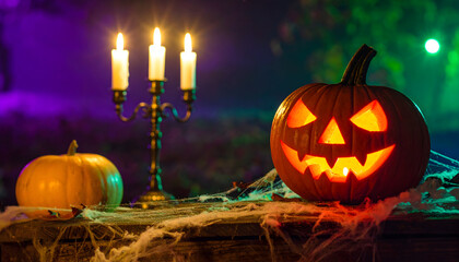 A carved halloween pumpkin with a glowing face next to an uncarved pumpkin and candelabra