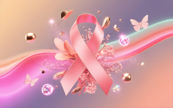 Ultra-High-Resolution Breast Cancer Awareness Collage – Pink Ribbons, Metallic Spheres & Floral Accents on Vibrant Gradient Background - Powered by Adobe