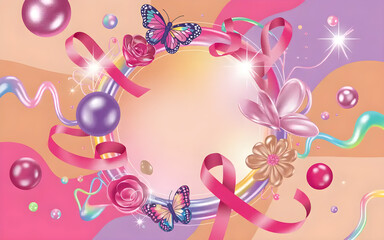 Ultra-High-Resolution Breast Cancer Awareness Collage – Pink Ribbons, Metallic Spheres & Floral Accents on Vibrant Gradient Background