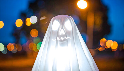 A glowing ghost decoration with a carved face stands in the dark with blurred lights in the background during halloween