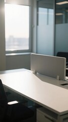 Modern office workspace with white desk and partition, natural light from window