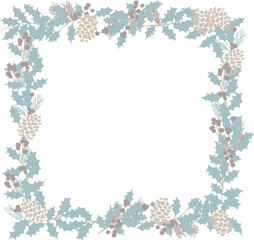 ヒイラギのベクターイラスト。クリスマスリースと松ぼっくりのフレーム。クリスマスの装飾ベクターフレーム。Holly illustration. Christmas wreath and pine cone frame. Christmas decoration frame
