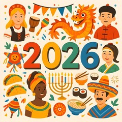 Multi-cultural celebration icons with 2026.