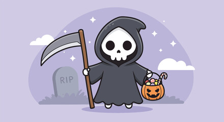 Cute Grim Reaper Character with Scythe and Candy.