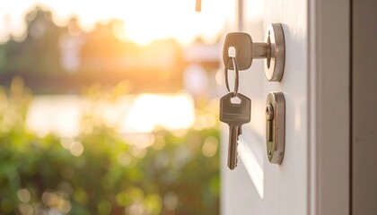 Keys in a white door, sunset view