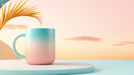 Pastel mug ceramic cup gradient color minimal style soft pink blue modern decor tropical leaf sunrise background peaceful mood creative design