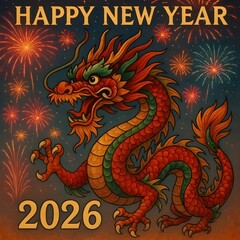 chinese new year dragon background.Chinese New Year 2026 dragon with fireworks.