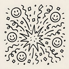 Confetti explosion doodle with happy faces.