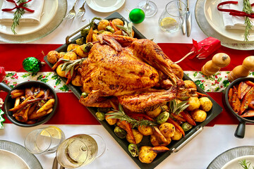 Xmas, Christmas festive concept, roast turkey and trimmings on dining table with decoration