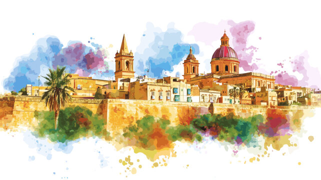 Mdina Old Town. Mdina Old Town watercolor vector illustration