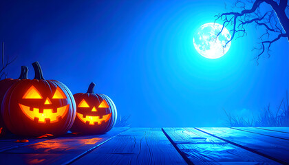 Two glowing jackolanterns on a wooden surface under a bright full moon on a dark blue night