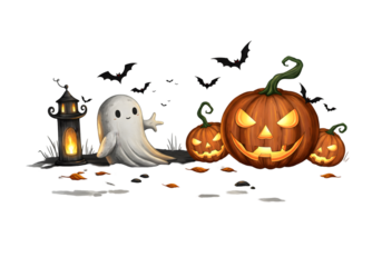 Spooky Halloween Illustration: Ghost, Jack-o'-lanterns & Bats
