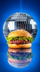 Burger and disco ball on blue