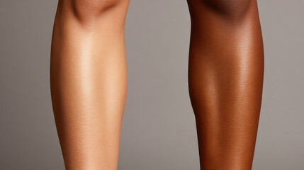 Tan beige legs with smooth skin texture and natural tone contrast on neutral background