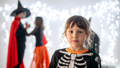 Young child in skeleton costume looking at the camera with blurred figures in witch and ghost costumes in the background