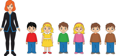 Group of diverse children with teacher, happy boys and girls standing together, preschool education concept, learning, teamwork, childhood, kids and adult