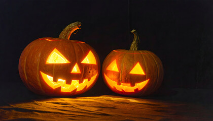 Two glowing carved pumpkins with scary faces in the dark, traditional halloween decoration