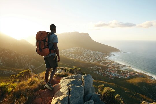 Young man with backpack hiking on top of mountain overlooking coastal city at  sunset South Africa standing near edge cliff looking out over ocean town below adventure travel concept - Powered by Adobe