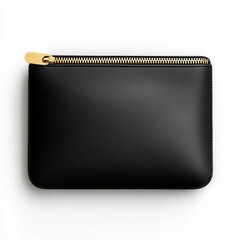 A sleek black leather clutch bag with gold zipper and minimal design, top-down view, clutch bag isolated on white background color, photorealistic accuracy, good composition, high resolution