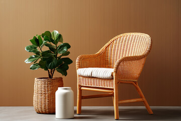Cozy interior made of natural materials: wicker chair, plant in wicker pot. Minimalism, Scandinavian or boho style. Natural materials - rattan, wood, vine.