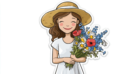 Charming girl in a straw hat holding a bouquet of wildflowers vector illustration for spring summer themes