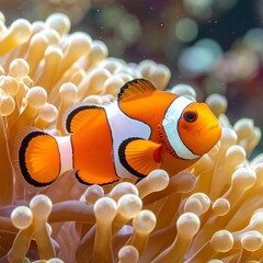 A vibrant clownfish swims gracefully amidst a cluster of delicate sea anemones, showcasing a captivating interplay of orange and white.