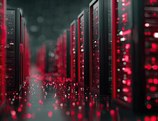 A long corridor of dark, tall server racks glows with red internal lights, reflecting on a glossy floor