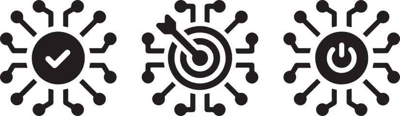 icon, symbol, technology, network, connection, circuit, data, digital, checkmark, tick, target, dartboard, bullseye, power button, on off, circle, round, graphic, design, element, business, strategy,