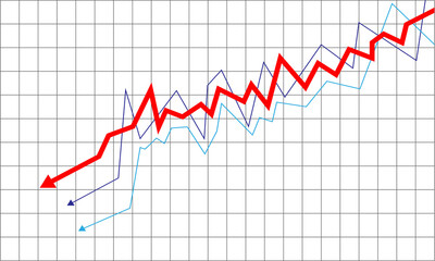 Red line graph showing downward trend with dashed lines below isolated on transparent background