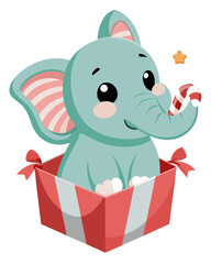 Cute baby elephant in a gift box holding a candy cane