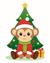 Cute monkey in santa outfit with christmas tree and gift