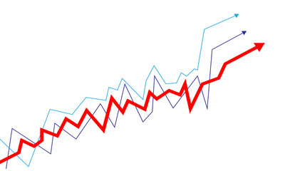 Red arrow graph with dashed lines showing upward trend isolated on transparent background