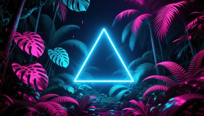 Neon Jungle Landscape with Triangle Synthwave Retro Futuristic Art