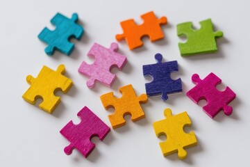 Colorful Puzzle Pieces Scattered on White Surface, Overhead View, Bright Light.